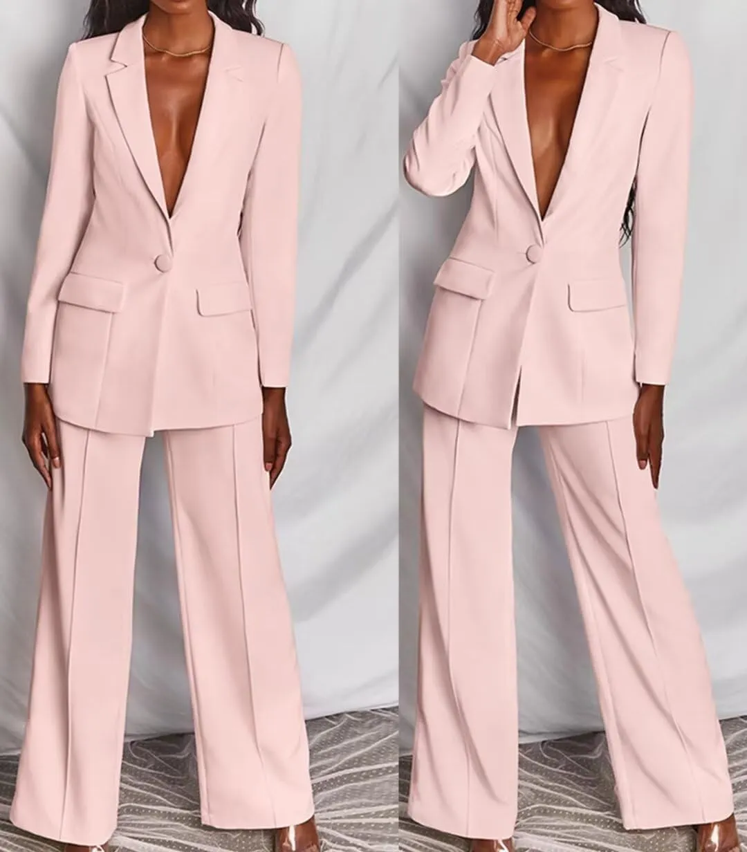 Women's Two Pieces Suit Set One Button Jacket and Pants Solid Business Office Lady Tuxedos