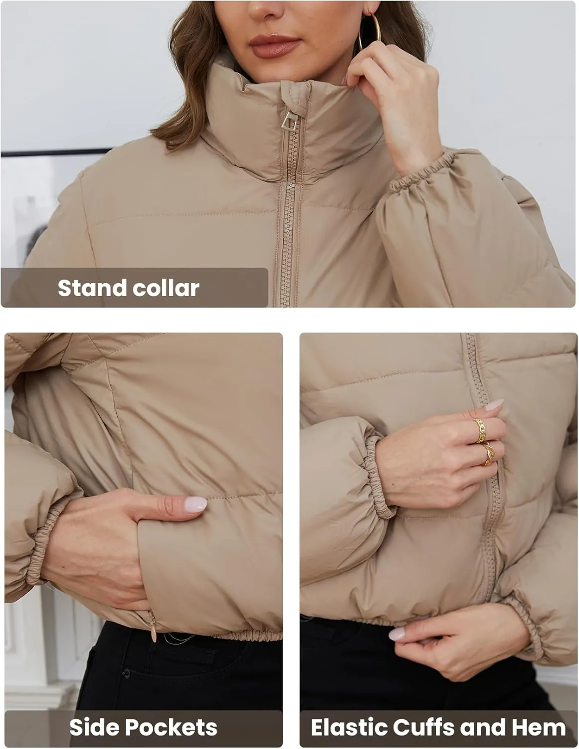 Wyeysyt Women's Cropped Puffer Jacket Winter Quilted Stand Collar Lightweight Outerwear Coats with Pockets