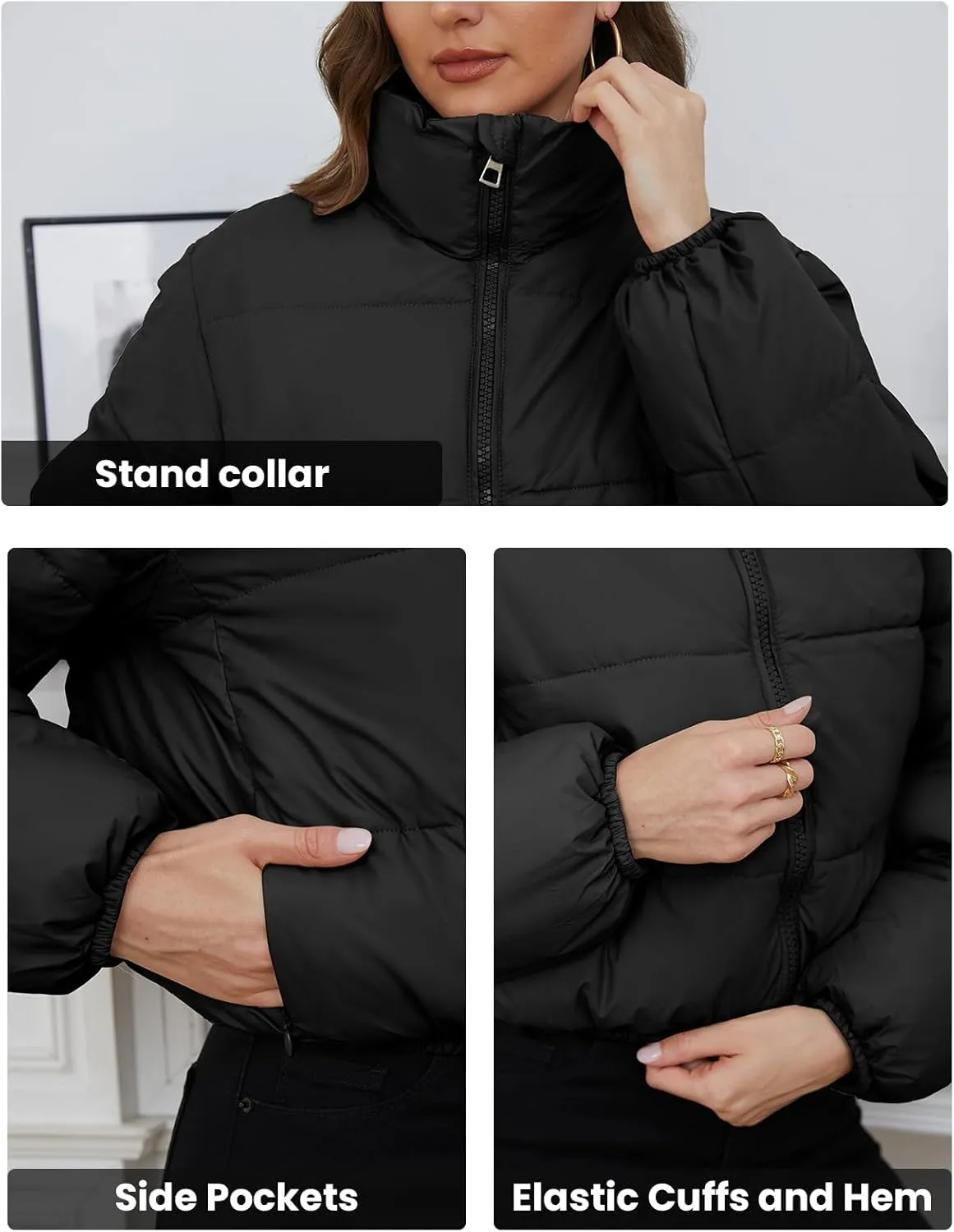 Wyeysyt Women's Cropped Puffer Jacket Winter Quilted Stand Collar Lightweight Outerwear Coats with Pockets