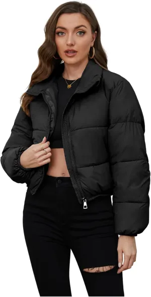 Wyeysyt Women's Cropped Puffer Jacket Winter Quilted Stand Collar Lightweight Outerwear Coats with Pockets