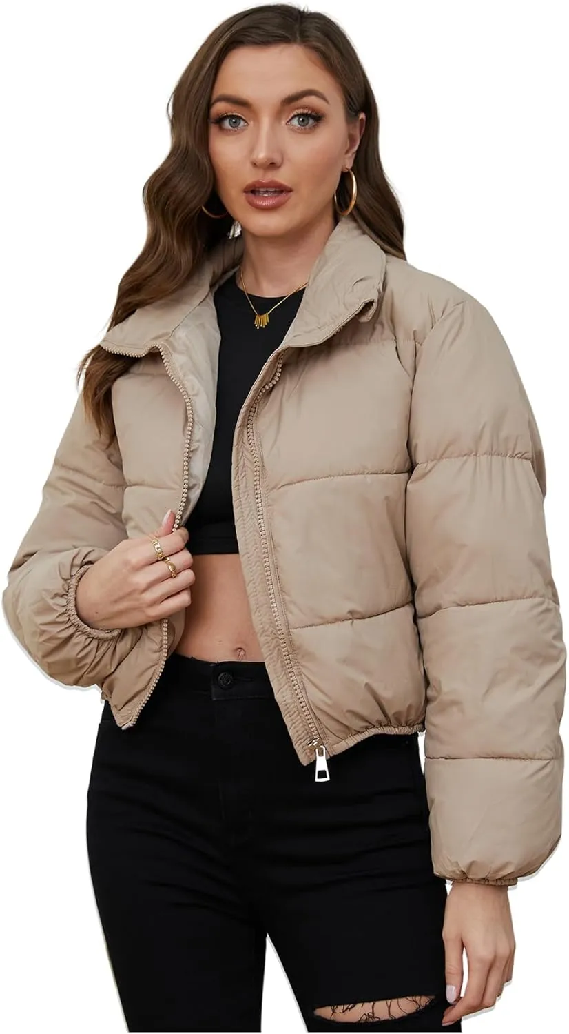 Wyeysyt Women's Cropped Puffer Jacket Winter Quilted Stand Collar Lightweight Outerwear Coats with Pockets