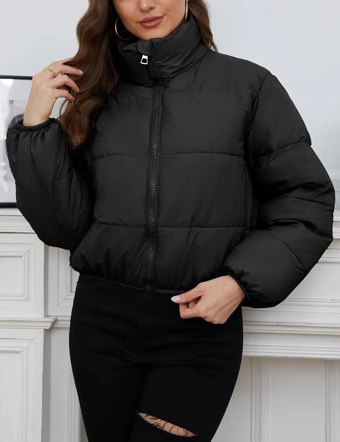 Wyeysyt Women's Cropped Puffer Jacket Winter Quilted Stand Collar Lightweight Outerwear Coats with Pockets