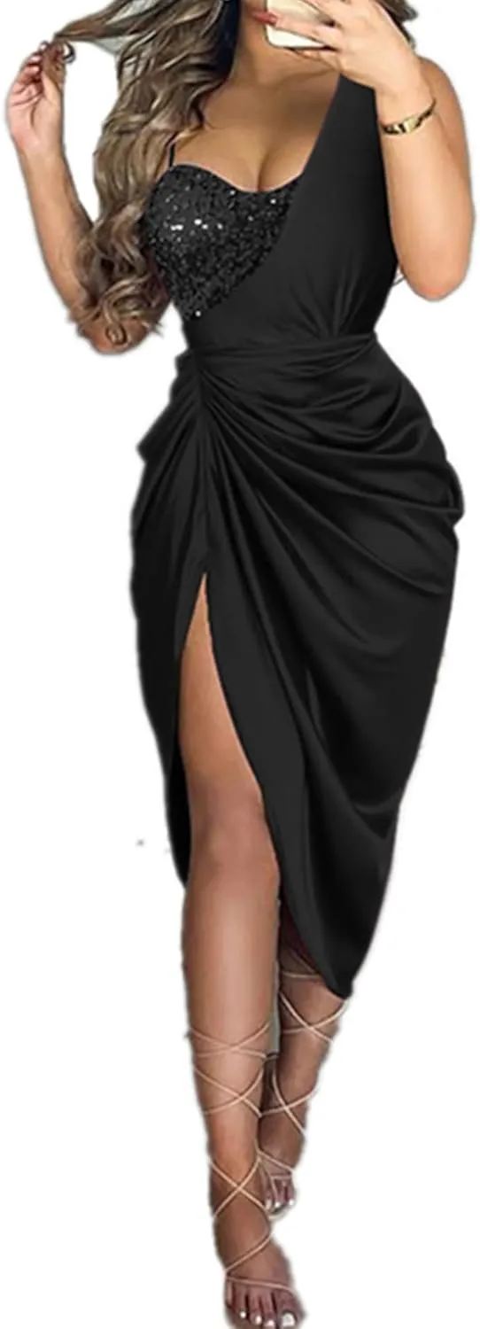 xxxiticat Women's Sequin Satin Dress Sleeveless Spaghetti Strap One Shoulder Split Ruched Silky Cocktail Party Midi Dresses